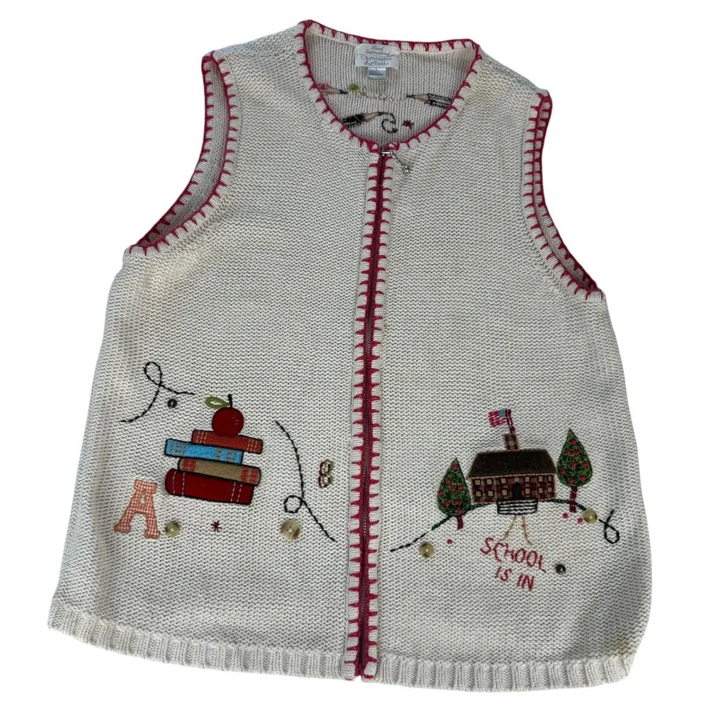 Christopher & Banks Hand Embroidered School Teacher Zip Sweater Vest Cream Large